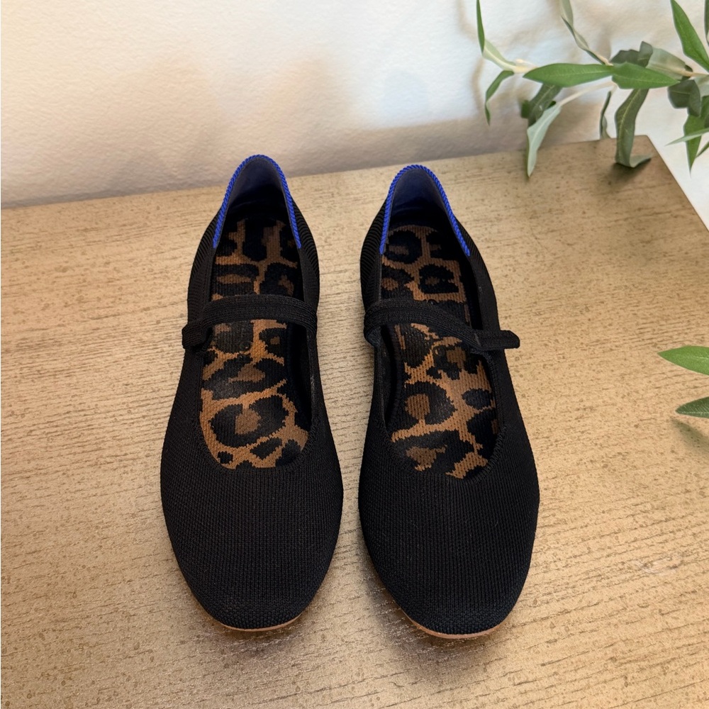Rothy’s Black Knit Mary Jane Flats with Leopard Insole